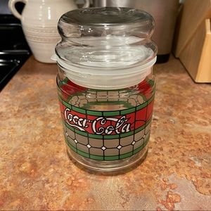 Coca Cola Vintage Red Green Stained Glass Cookie / Candy Jar with Lid